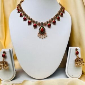 Antique Gold Temple Jewellery Necklace Set with Red Kemp Stones and Pearl Jhumka Earrings