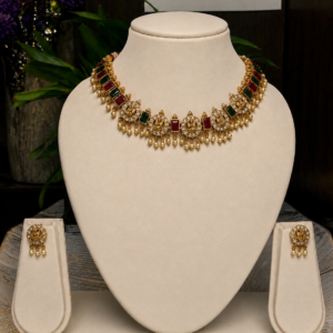 Antique Lakshmi Temple Necklace Set with ruby-green kemp stones and pearl drops