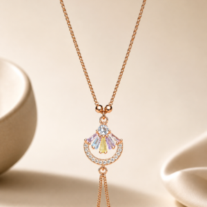 Minimal rose gold lariat necklace with pastel crystal pendant, anti-tarnish finish, lightweight elegant chain jewellery for women, perfect for festive, wedding and daily styling