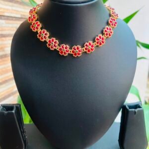 Red kemp stone flower necklace gold antique temple jewellery South Indian traditional necklace set Santosree Collective